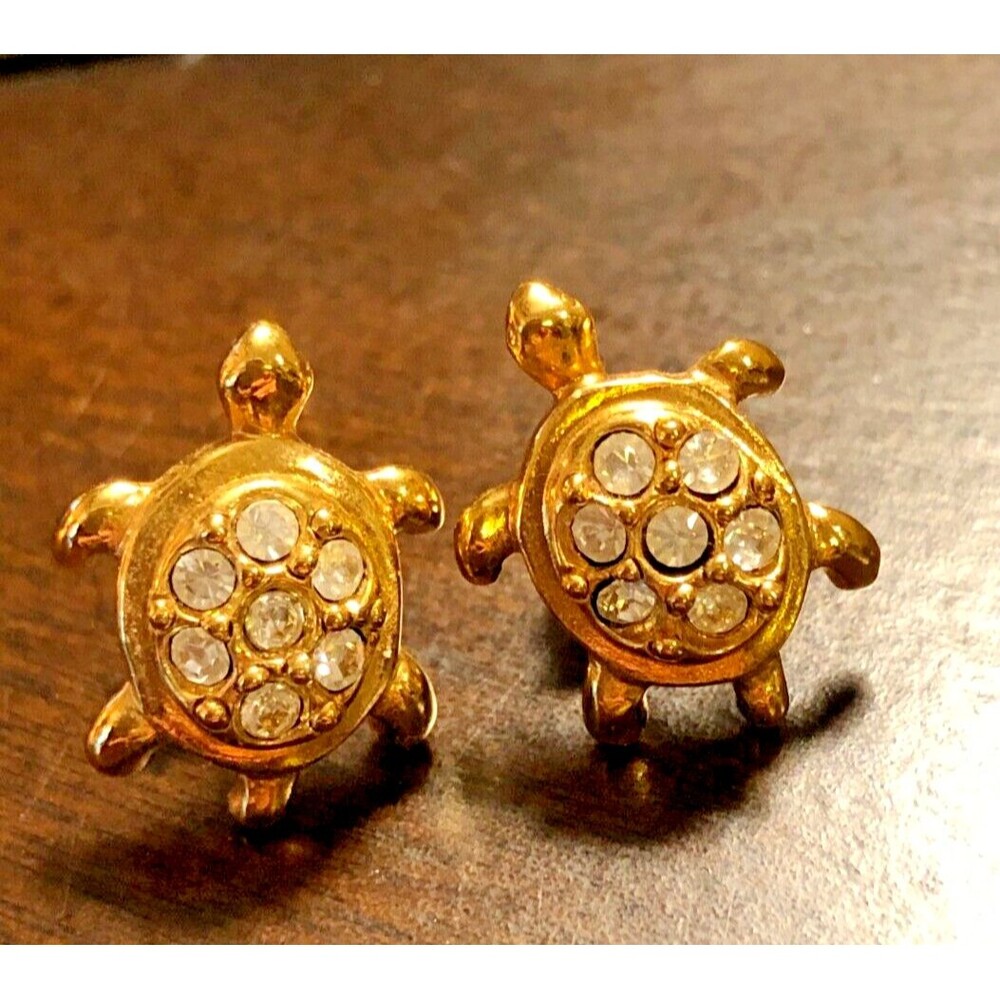 Vintage “Avon Precious Turtle Earrings” 1992 Gold Plated Rhinestone - Picture 3 of 5